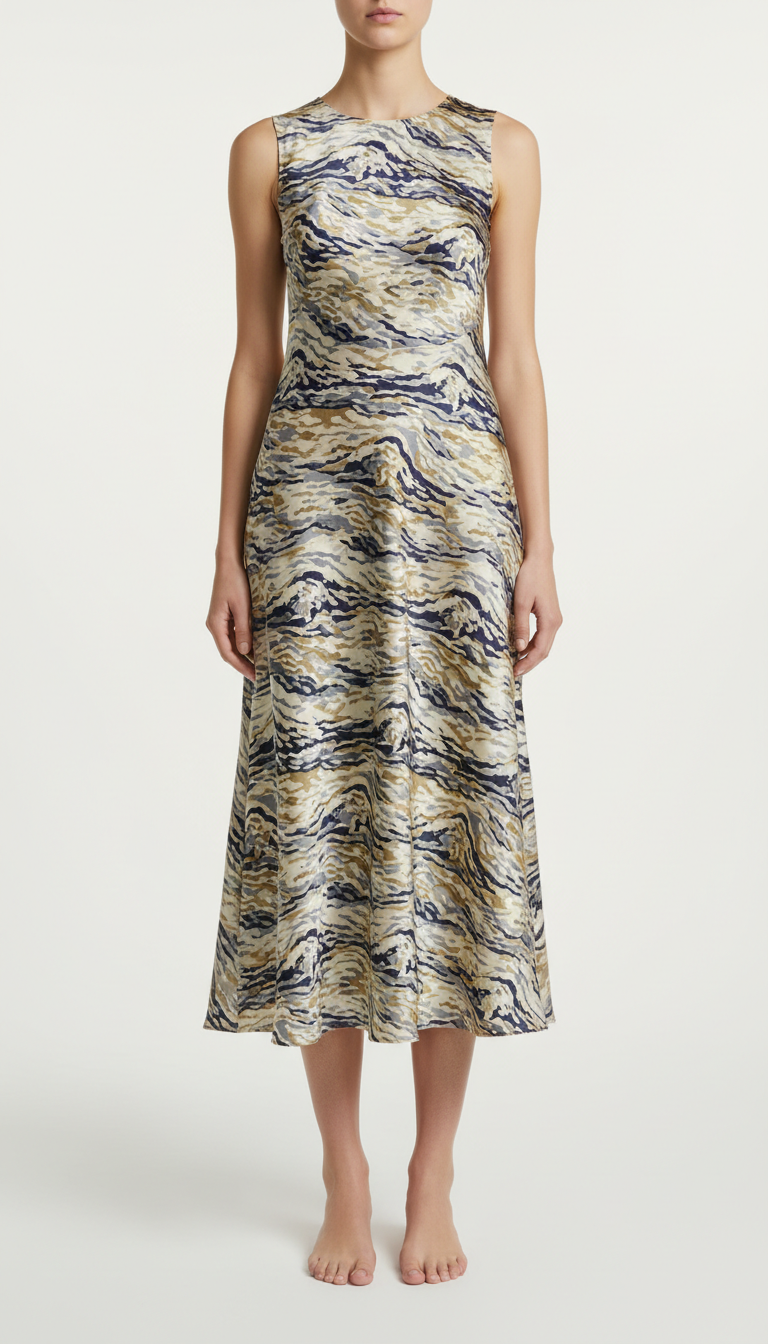 Indigo Wave Silk Midi Dress